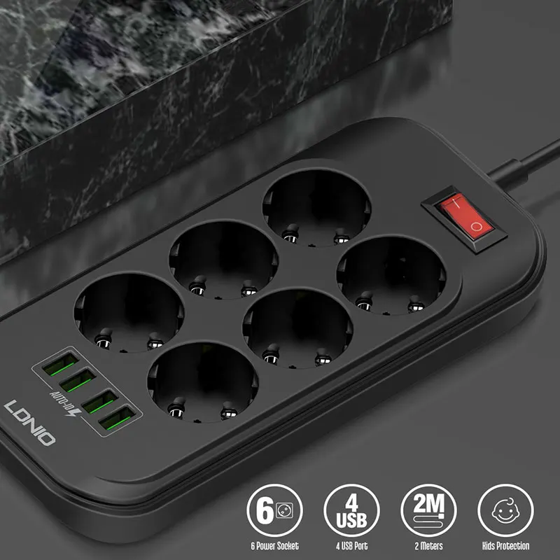 Электрический удлинитель с европейской вилкой 3 USB + 6 розеток 2500 Вт 250 В 2