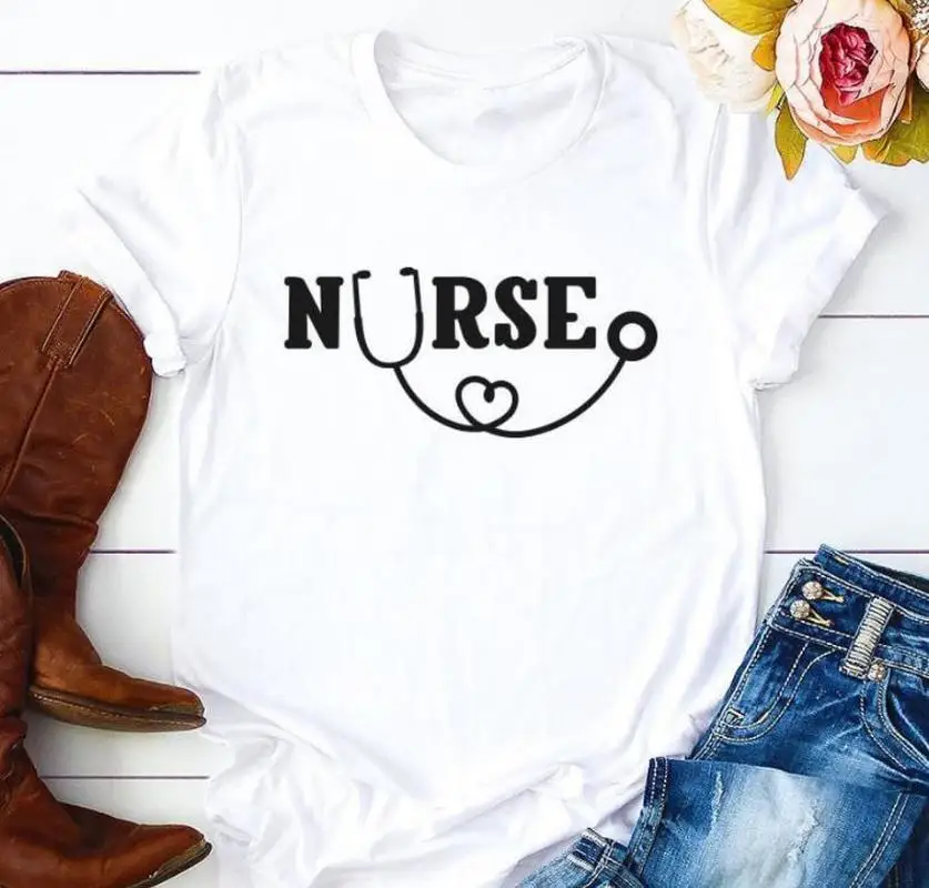

Funny Nurse Stethoscope Print T Shirt Women Short Sleeve O Neck Loose Tshirt 2020 Summer Women Tee Shirt Tops Camisetas Mujer