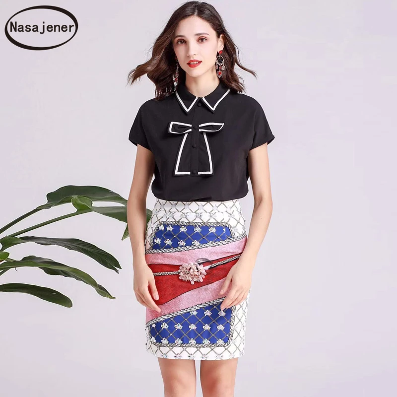 2019 женский летний повседневный костюм модная подиумная черная футболка с