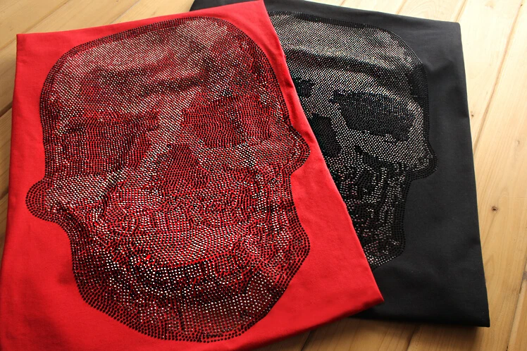 

Mens Diamond T-shirt Skull Shiny Rhinestone Tops Round Neck Short Sleeve Slim Tee Man Street Trendy Designer Tshirts 100% Cotton