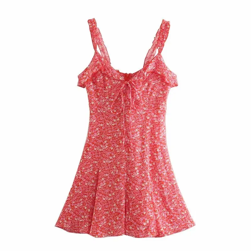 

2021 ZA summer New Fashion Women's sweet v-neck floral printed suspender dress with wooden ear edge RA 9878152 9878/152