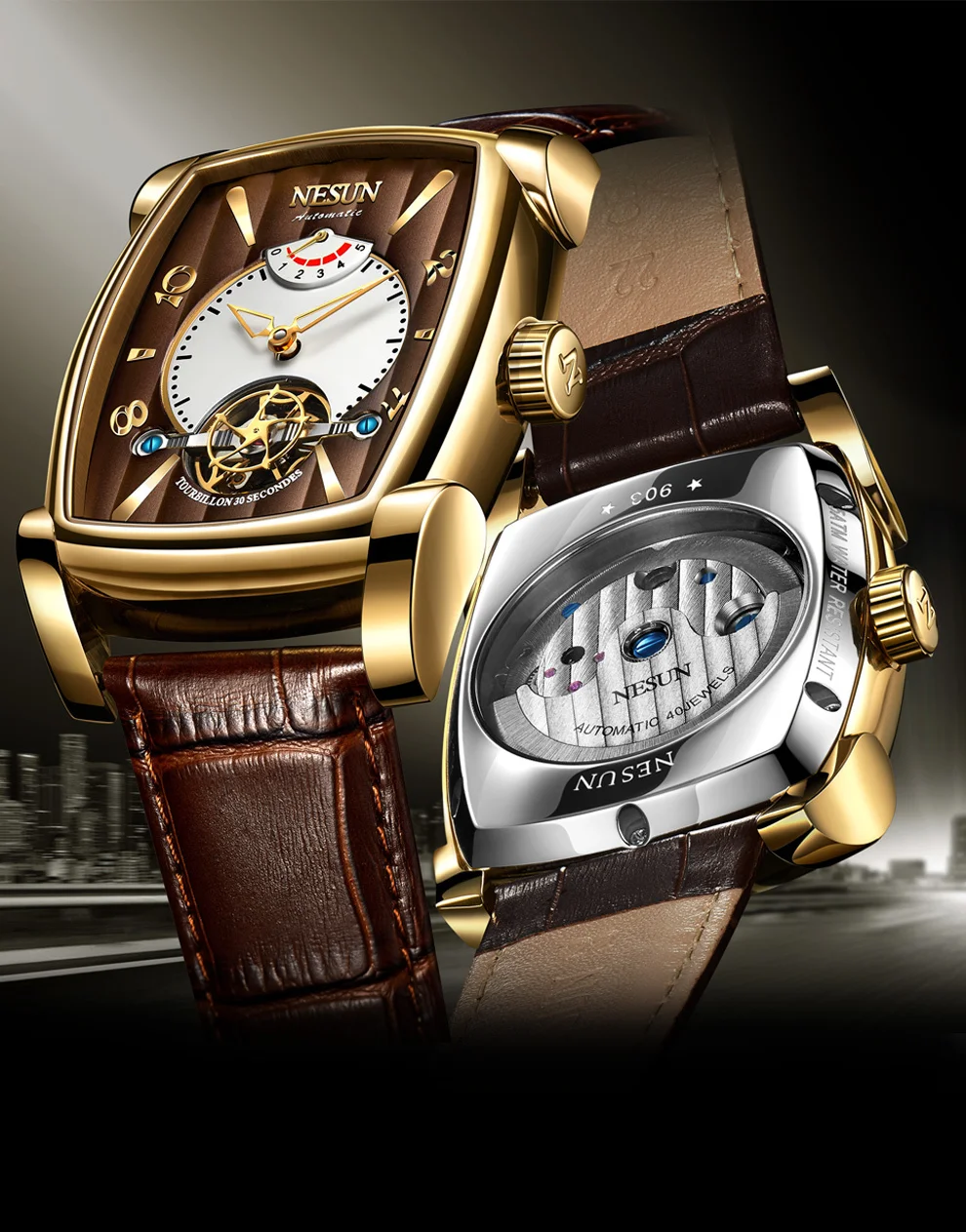Автоматические механические часы Nesun Tourbillion, часы со скелетом, мужские роскошные Брендовые мужские часы, водонепроницаемые, relogio masculino N9039-3