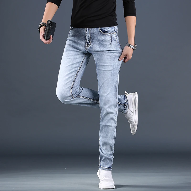 Light Blue Men's Jeans Summer New Casual Stretch Straight Slim Fit Denim Pants