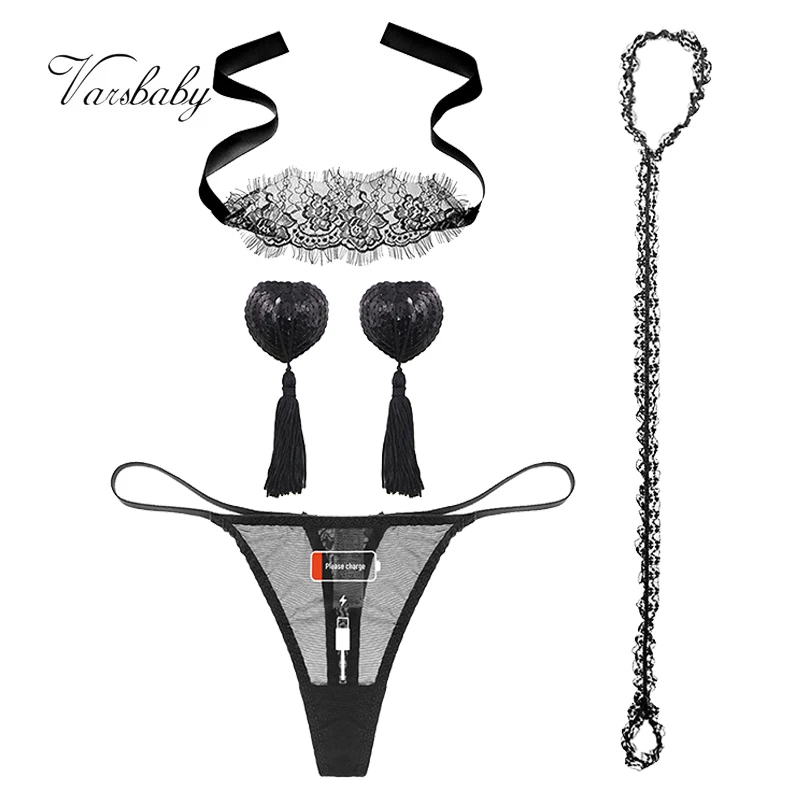 

Varsbaby/женские сексуальные креативные стринги с узором для зарядки + Сексуальная повязка на соски с кисточками + Прозрачная Кружевная маска д...