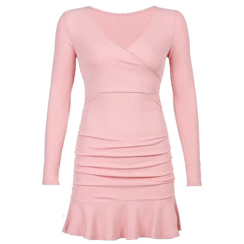 

Long Sleeve Cross Mini Dress V Neck Ruffles Bodycon Casual Sexy Dresses 2021 Autumn Fashion Solid High Waist Party Dress Women