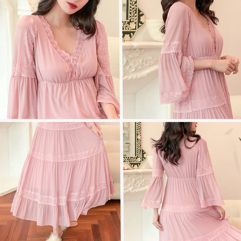 Modal Nightdress with Brassiere Women's Spring Summer Long Sleeve Net Gauze Sweet Princess Court Nightdress Lace Sexy Home Wear