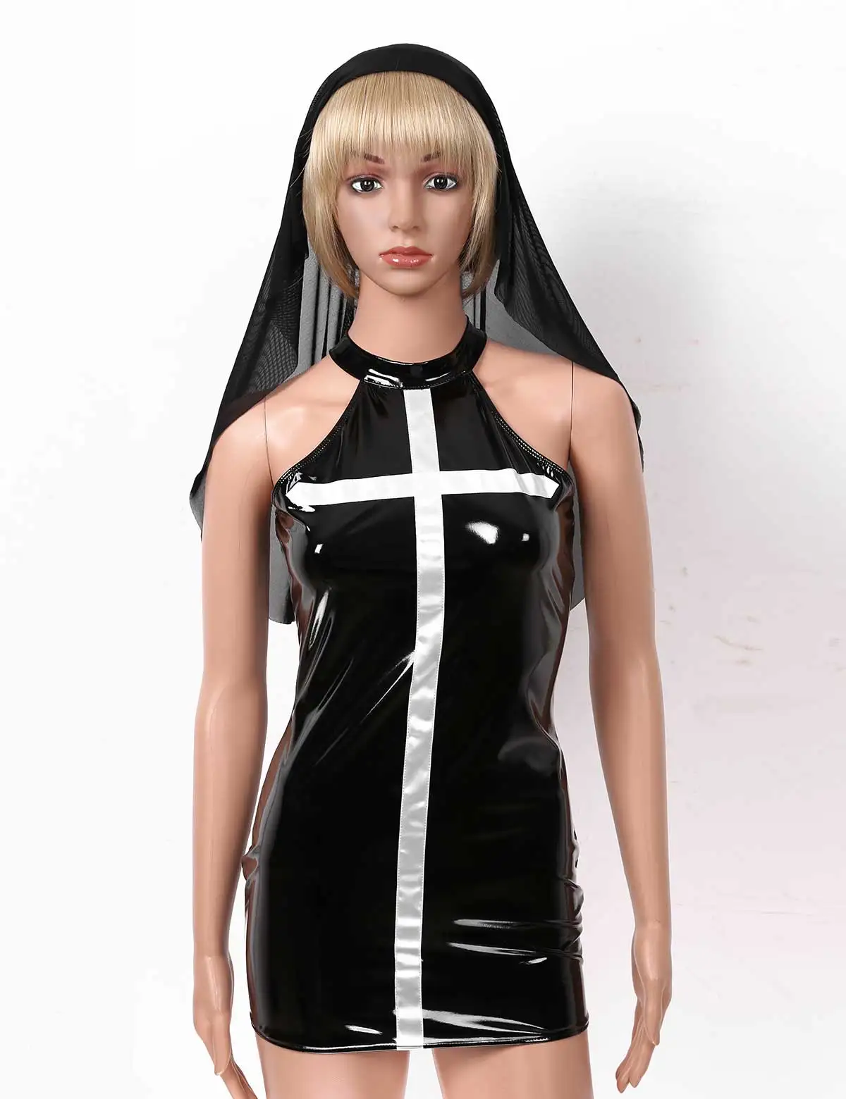 Женский фантазия Нун свящник косплей эротический Wetlook кожаное облегающее