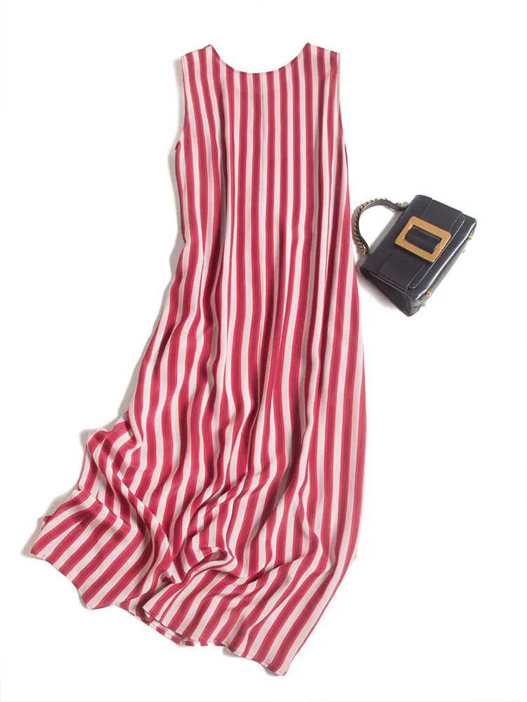 

SHUCHAN Natural Silk Dress for Women Beach Style Tank Dresses O-Neck Summer 2021 Striped Sleeveless Thin Long Elegant Dresses