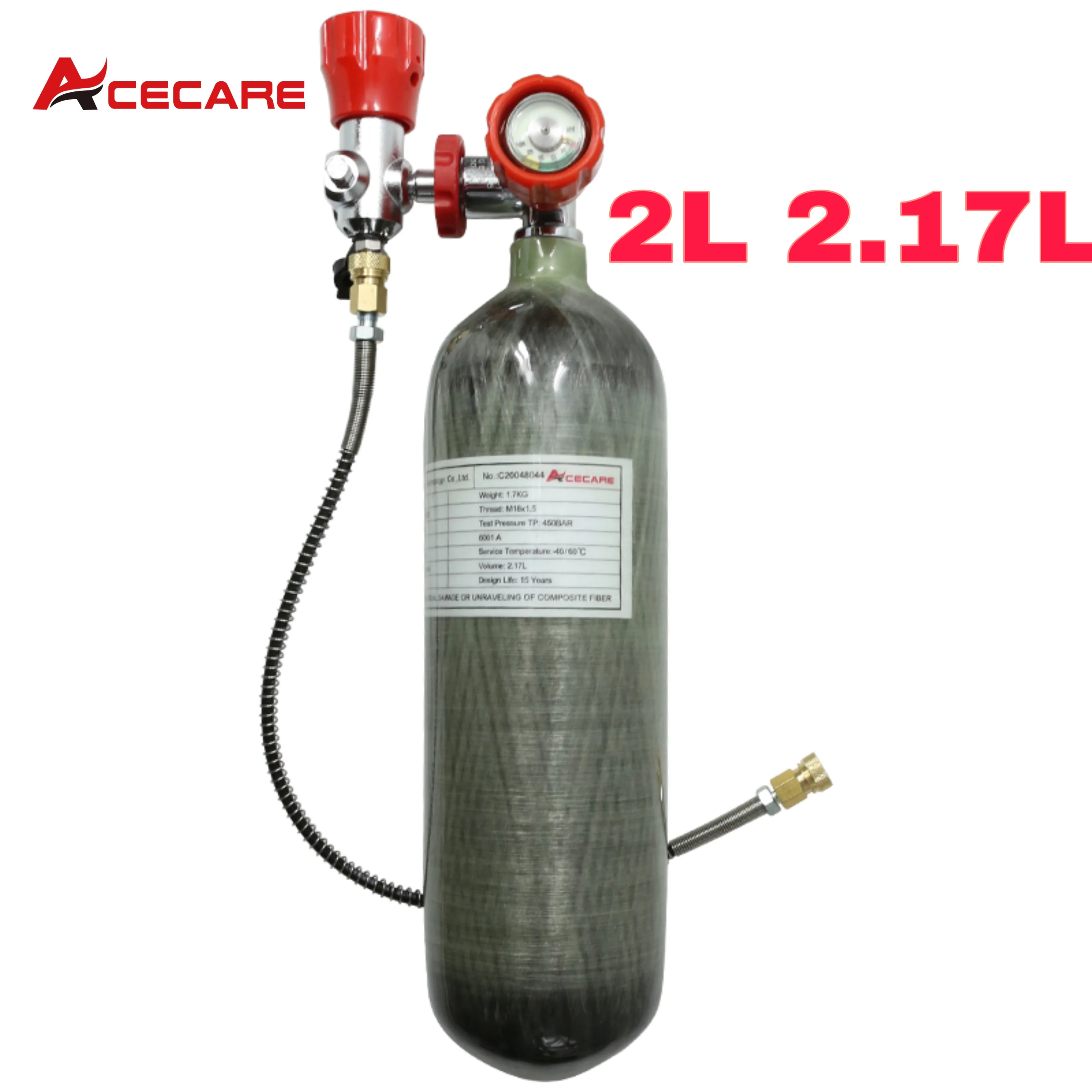 Verkaufen Acecare Pcp Tank 2L/2,17 L 30Mpa 4500psi Carbon Faser Zylinder Für Pcp Air Gun Gewehr Rot Ventil Mit Manometer Füllung Station