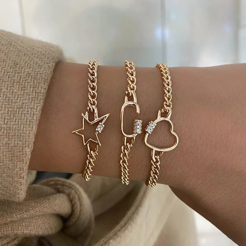 

3pcs Bracelets For Women Love Stars Fashion Vintage Gold Hand Thick Chain Girlfriend Bangle Gifts Geometry Adjustable Jewelry