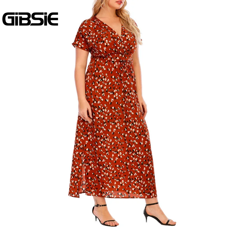 GIBSIE верхняя часть шеи поясом принт Разделение длинное платье для женщин летние