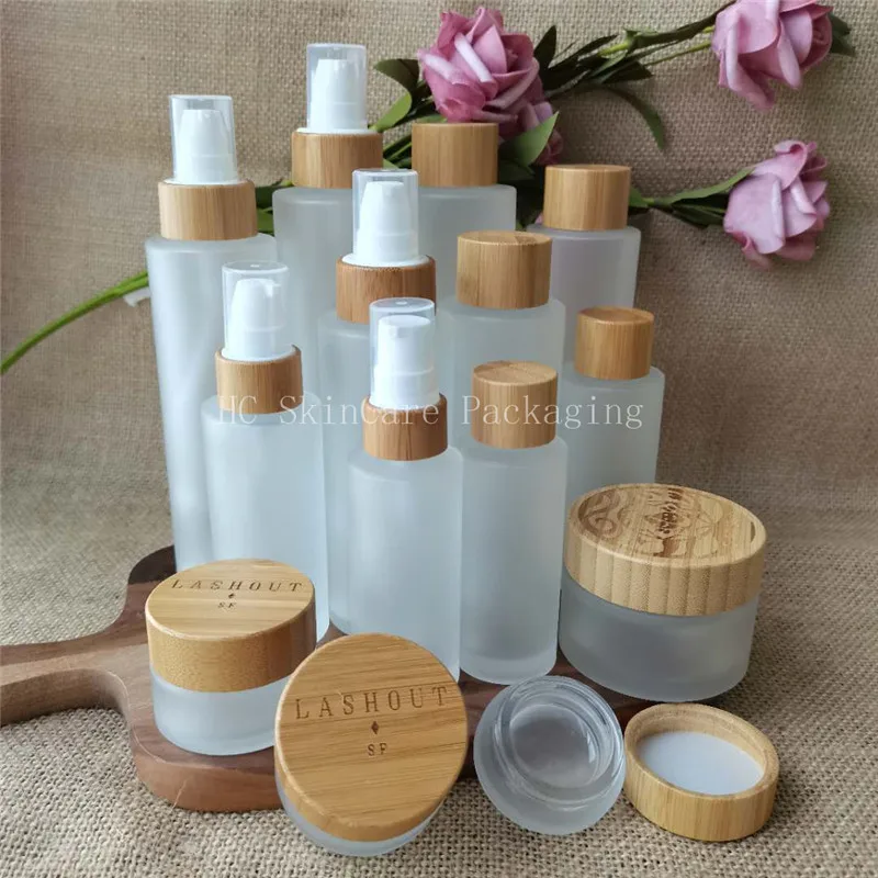 

CBD hemp oil skin care bamboo face cream jar matte glass spray lotion with bamboo lid screw toner bottle makeup container