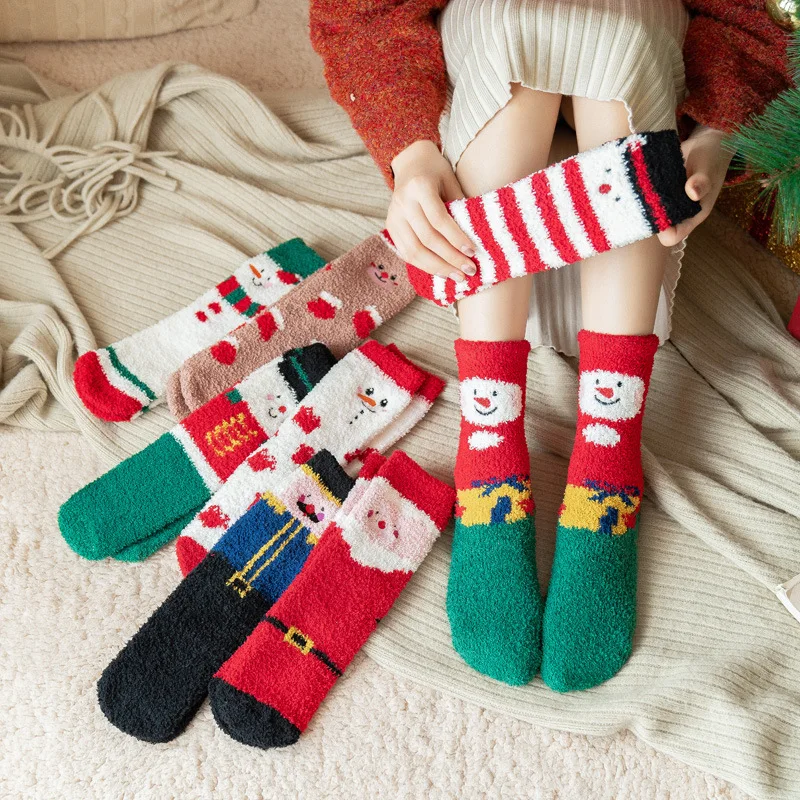 

Coral Fleece Christmas Cartoon Socks Female Half Fleece Korean Thick Warm Couple Socks Cute Student Snow Fashion Animal Penguin
