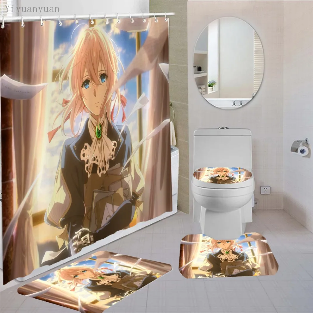 

FAIRY TAIL Anime 3D Printed Bathroom Shower Curtain Set Toilet Seat Bath Mats and Rugs Carpet Toilet Covers Curtain with Hooks