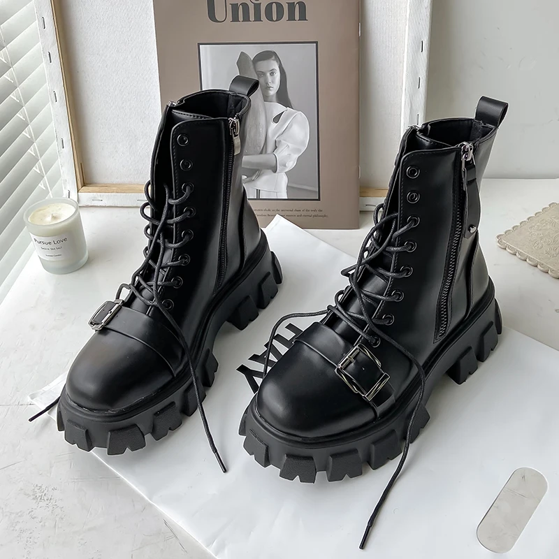 

Dropship Women's Ankle Boots Motorcycle Boots Buckle Design Chunky High Heels Lace-up Zipper Round Toe Platform Boots Women