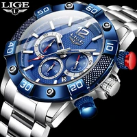 new lige stainless steel watches mens sports waterproof luminous chronograph top brand luxury quartz men watch relogio masculino