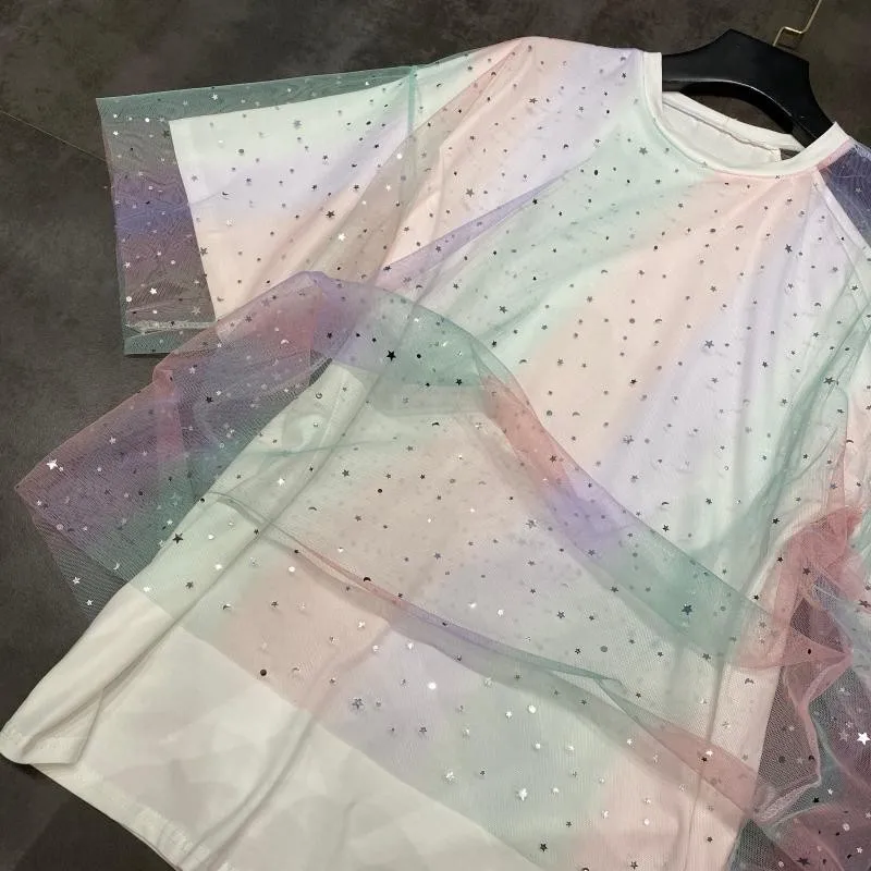 

2020 Summer Sequined Loose Short Sleeve T Shirts Women Street Purple White O-Neck Pullovers Fashion Off Shoulder Mesh T-Shirts