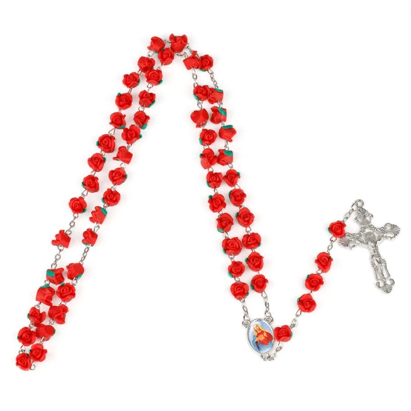 

Rosary Necklace Jesus Christ Cross Pendant Clay Rose Necklace Long Chain Women