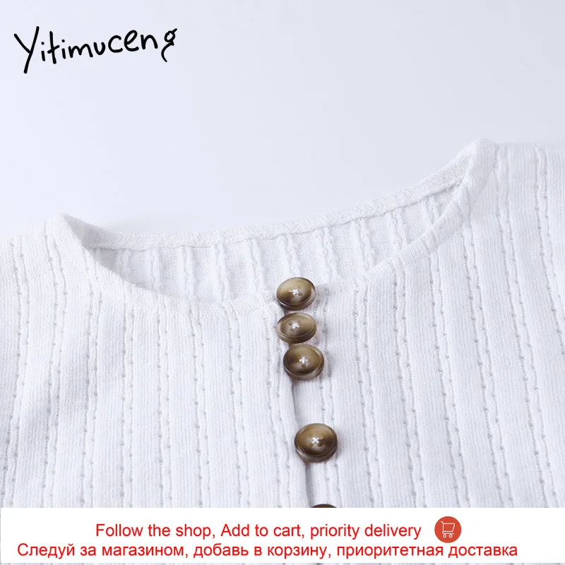 

Yitimuceng Woman Tshirts Button Crop Tops White Spring Autumn 2021 Long Sleeve O-Neck T Shirt Fitted Casual Sexy Fashion New