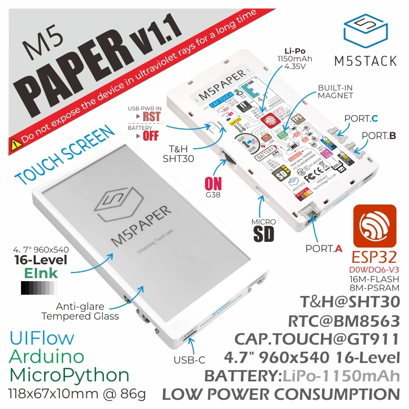 M5Stack официальный M5Paper ESP32 макетный комплект V1.1 (960X540 4 7 дюймовый дисплей eInk 235 ppi) |