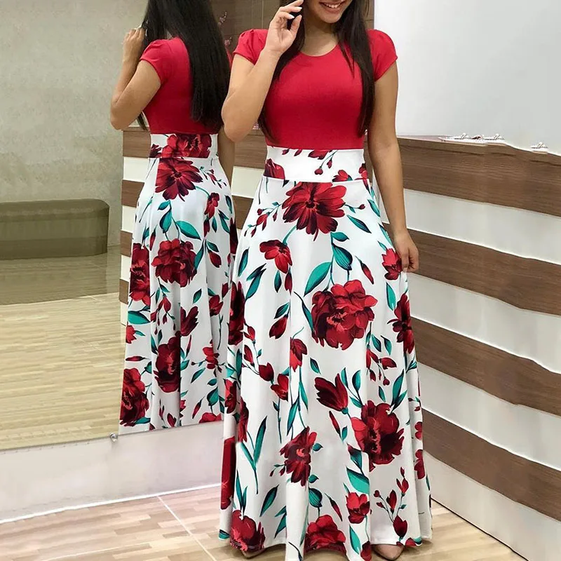 Женская футболка с коротким рукавом Круглый воротник принт длинное платье для