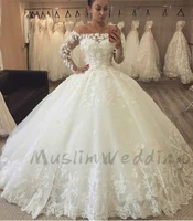 gorgeous ivory ball gown wedding dresses with flowers boat neck long sleeve lace church wedding dress 2021 puffy princess bride