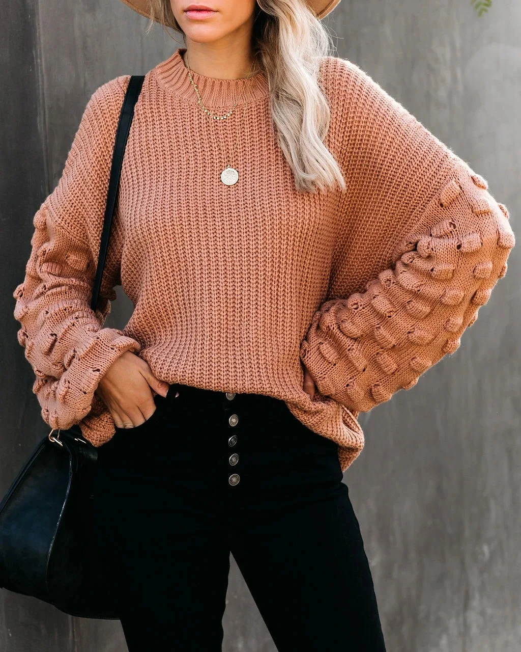 

Women's Cute Oversized Crewneck Loose Puff Sleeves Chunky Knit Pullover Sweater