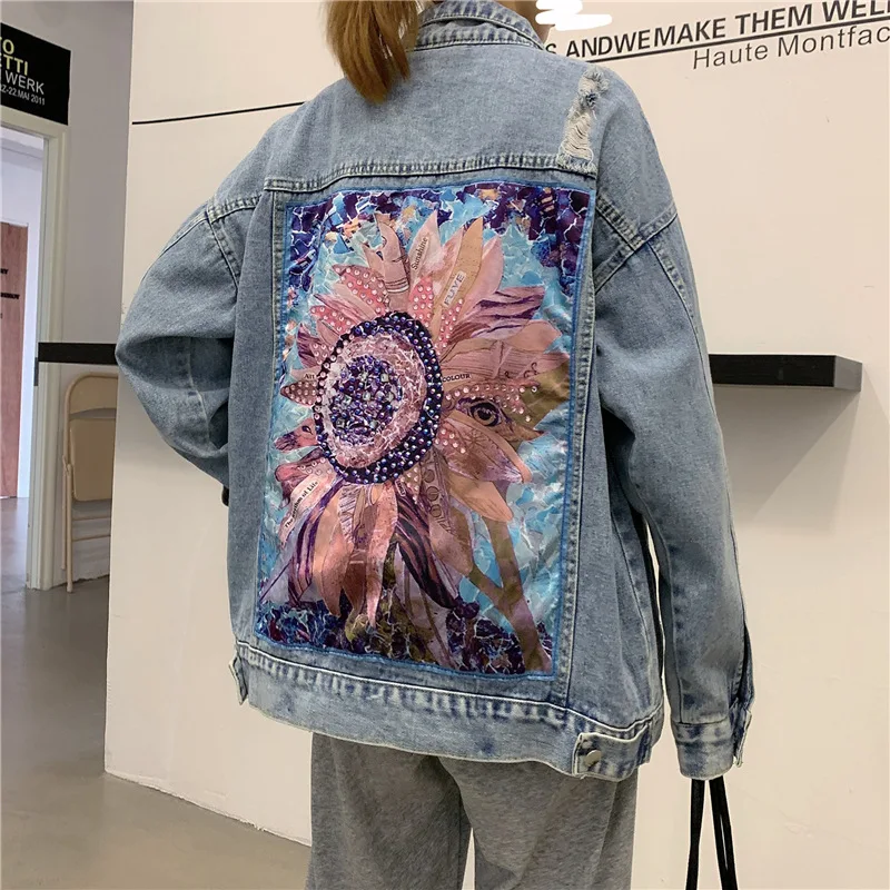 

Women Denim Jacket Feminine Spring Autumn Boho Sequin Floral Appliques Embroidery Coat Long Sleeve Female Ripped Loose Outerwear