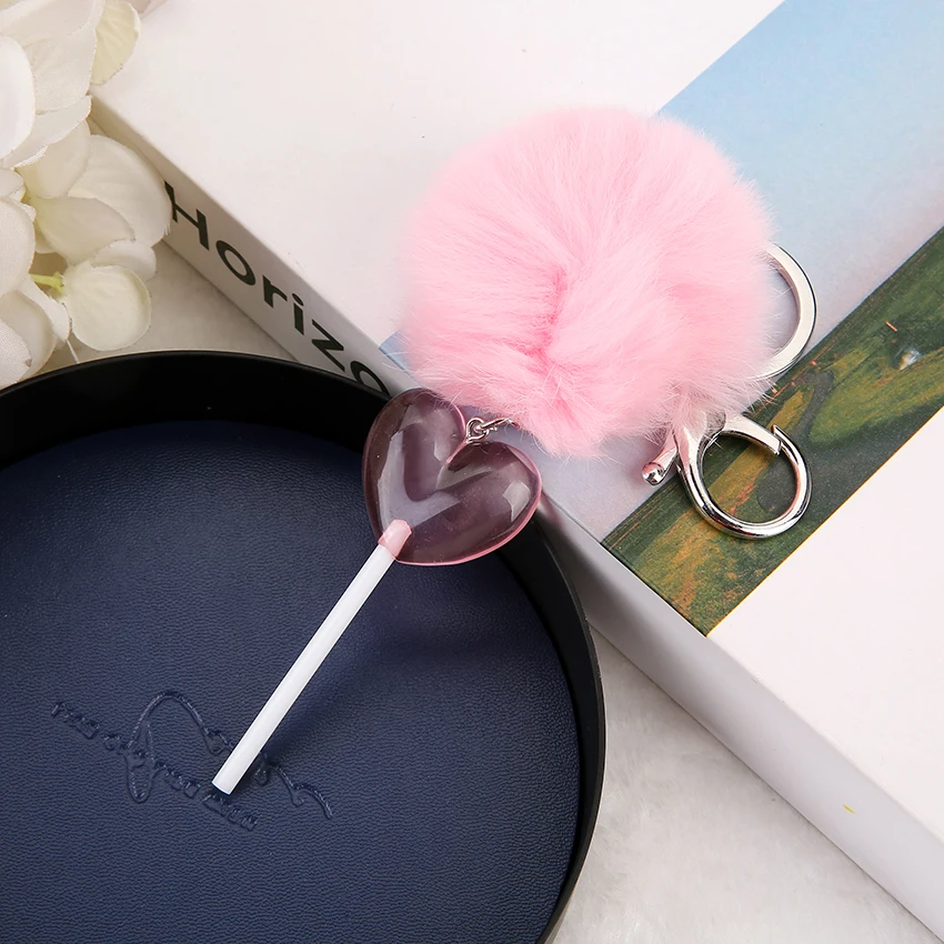 

1PC Women Keychain Fasion Fur Pom Pom Flatback resin heart lollipop Charms Handbag Keyring for birthday gift