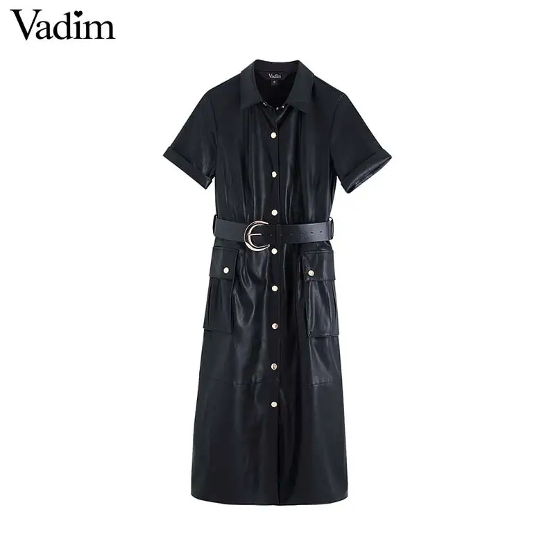 Vadim женское стильное платье миди из искусственной кожи с поясом и карманами