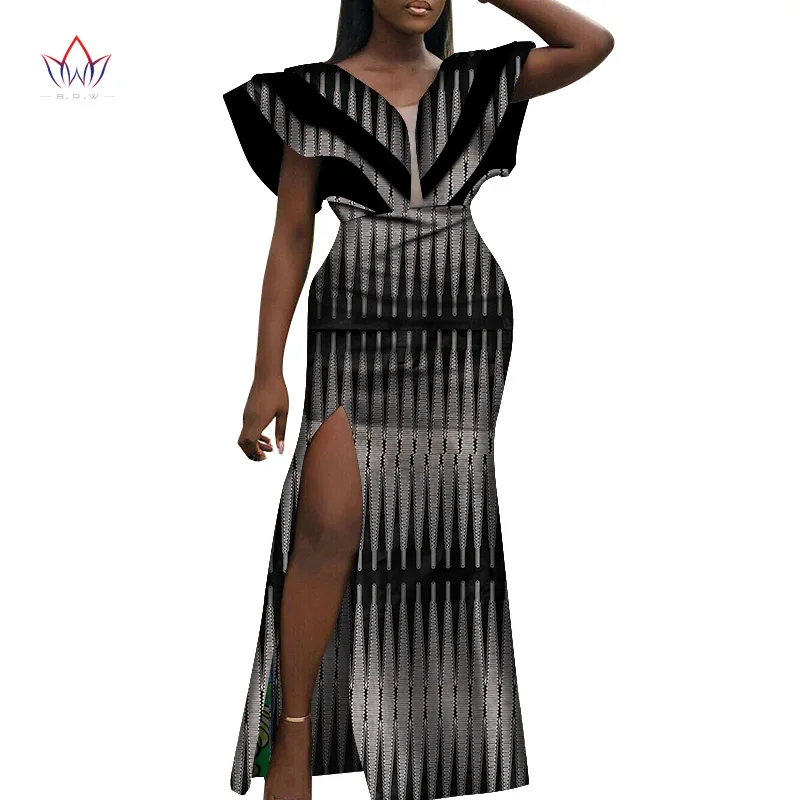 

Bintarealwax 2021 Women Dresses African Ankara Print Deep V-Neck Loose Empire Plus Size Dashiki Outfits Wax Batik Dress WY4186