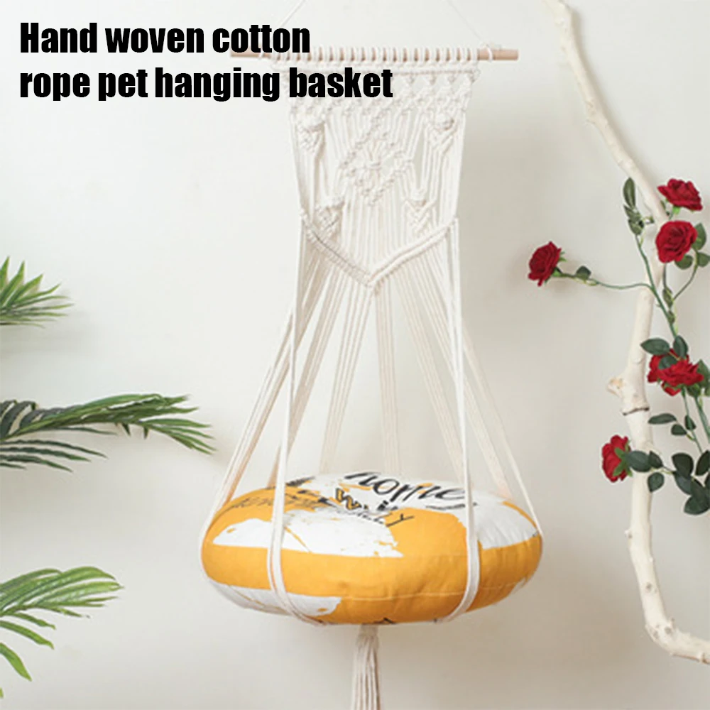 

Handmade Cat Hammock Macrame Dangling Pet Swing Bed Ethnic Style Decorative Kitten Hanging Basket without Mat for Home WWO66