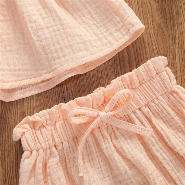 6 Colors Summr Toddler Newborn Baby Girls Cotton Linen Clothes Ruffles Short Sleeve T Shirts+Shorts 2pcs Infant Clothing Outfits 4