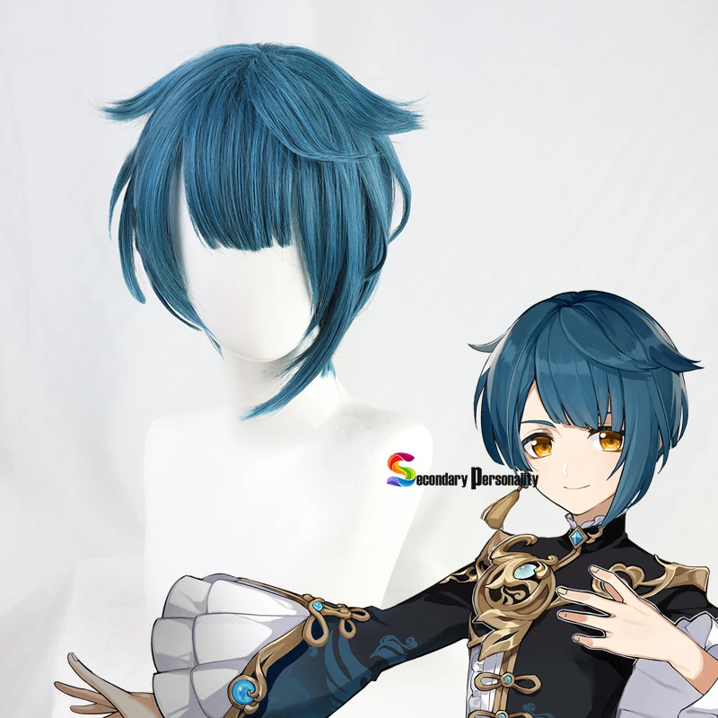 

2021 New Genshin Impact Xingqiu Xing Qiu Cosplay Wig Blue Short Heat Resistant Synthetic Hair Adult Men Women Halloween Cosplay