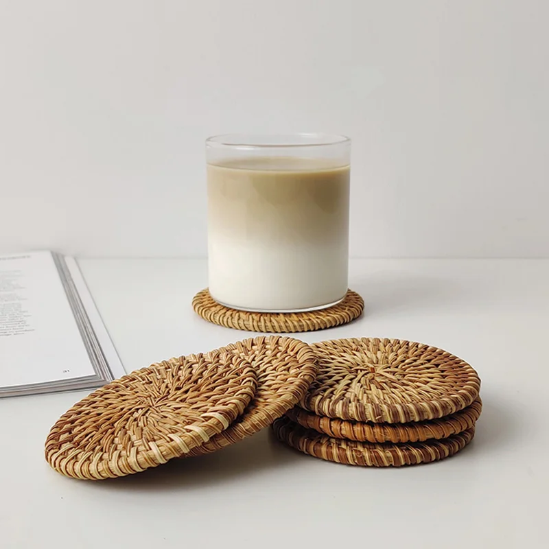 New 1pcs Placemat Pad Coasters Kitchen Table Mats Rattan Coaster Bowl Mats Padding Mat Insulation Pad Round Placemats Hand-made