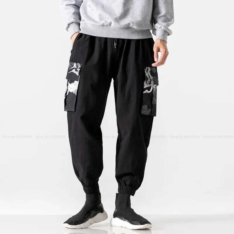 

Men Crane Printed Japanese Harajuku Casual Harem Pants Chinese Style Overalls Trousers Retro Bloomers Outdoor Sports Sweatpants