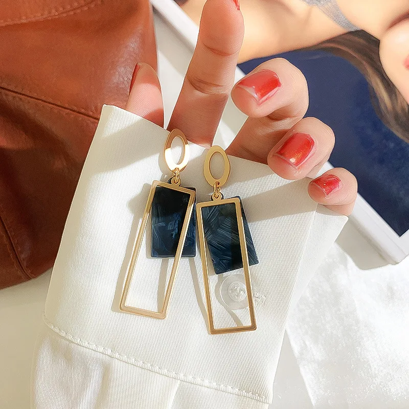 

925 silver needle retro geometry earrings hollow square resin long earrings pendant simple cold wind earrings