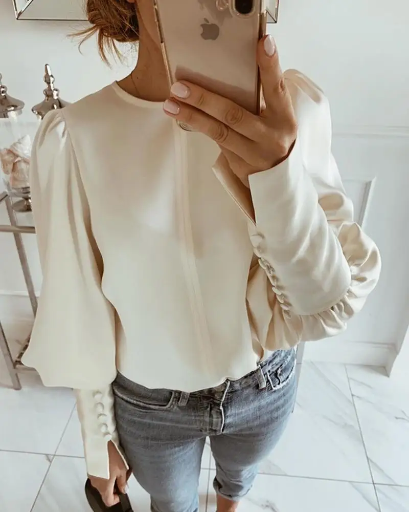 Women Winter Autumn Satin Long Sleeve Button Shirt Office Lady Workwear Solid Round Neck Balloon Blouse | Женская одежда