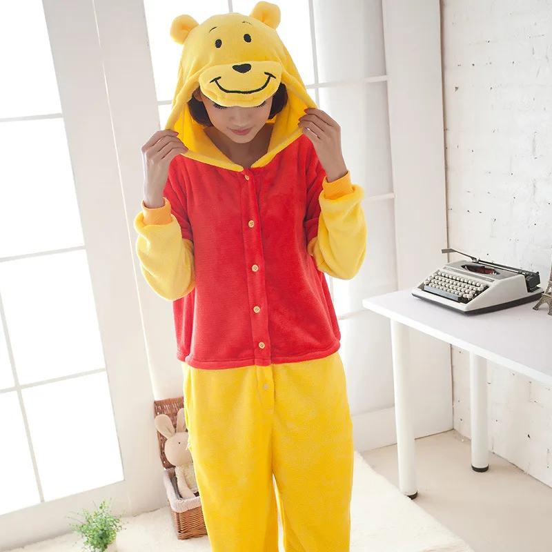 Cute Cartoon Kigurumi Winnie Bear Pajamas Long Sleeve Hooded Onesie Adult Women Animal Halloween Christmas Sleepwear