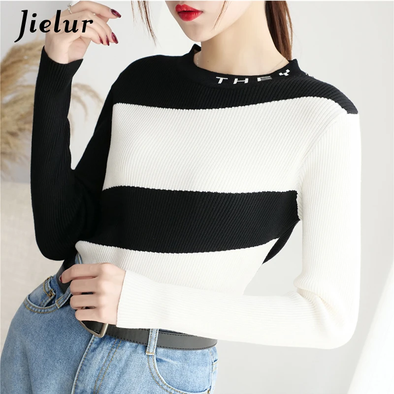 

Jielur корейский стиль круглый вырез женские свитера базовый тонкий теплый трикотаж осень черный белый волшебный цвет женский свитер пуловер ...