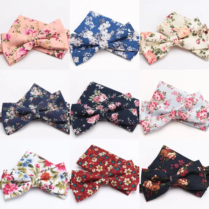 

Men Bowtie Handkerchief Set Flower Cotton Cravat Fashion Wedding Party Ties for Men Butterfly Necktie Male Shirt Accessories
