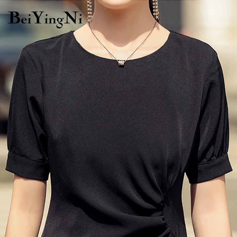 

Beiyingni 2021 Summer Casual A Line Mini Dress Women Short Sleeve Irregular Slim Elegant Retro Fashion O-neck Ruched Dresses