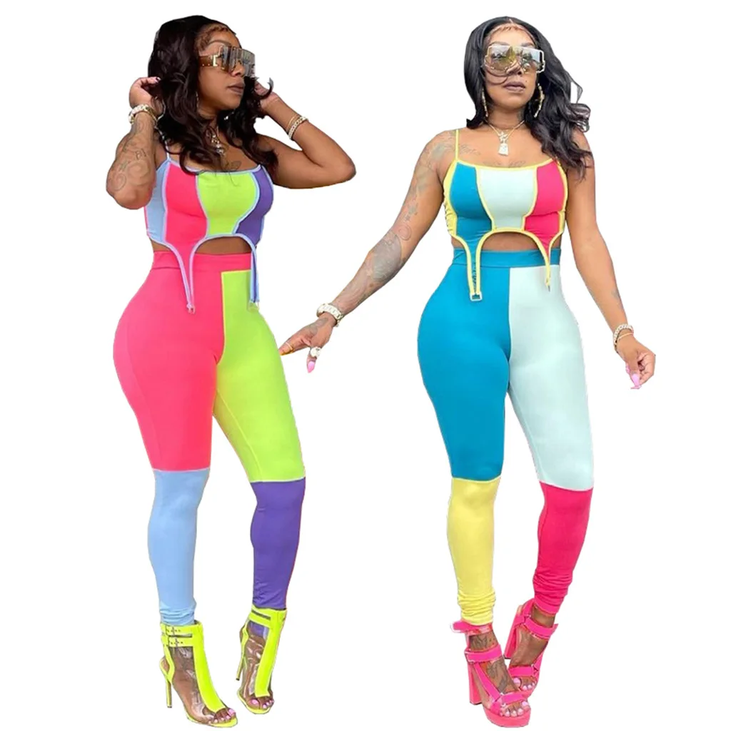 

Повседневный женский спортивный костюм, комплект из двух предметов, цветной укороченный топ в стиле пэчворк и длинные брюки, подходящий ком...