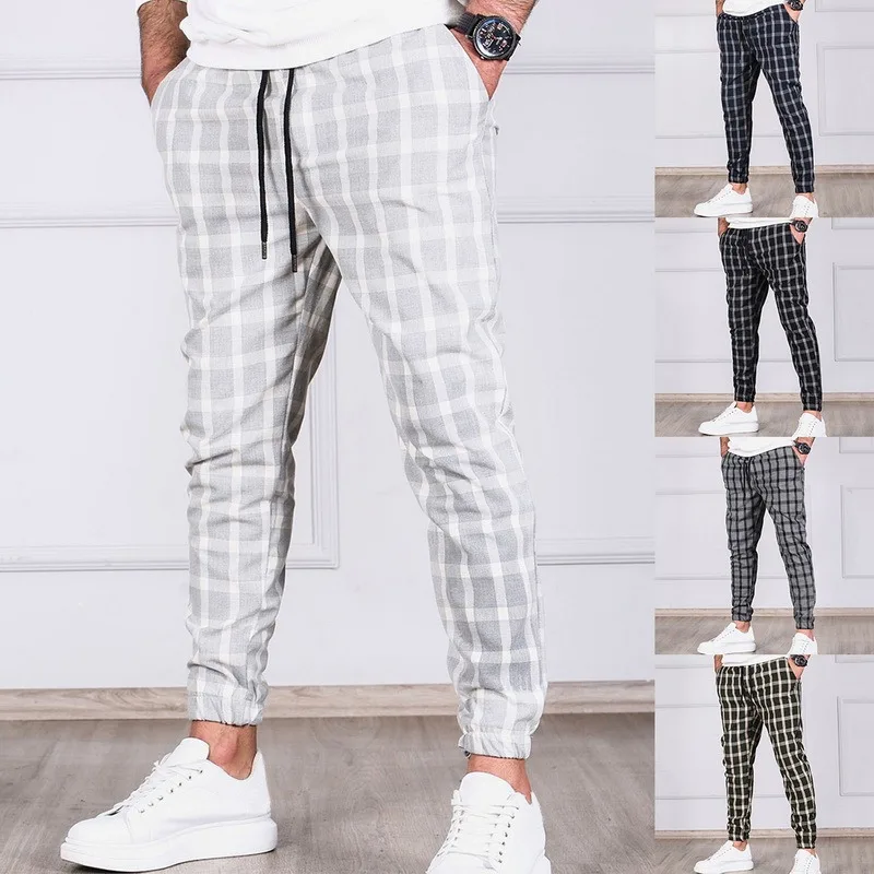 

Autumn 2021 Casual Ankle-Length Plaid Trousers Men's Pants Fashions Streetwear Jogger Men Sweatpants Slim Fit Checkered Pants