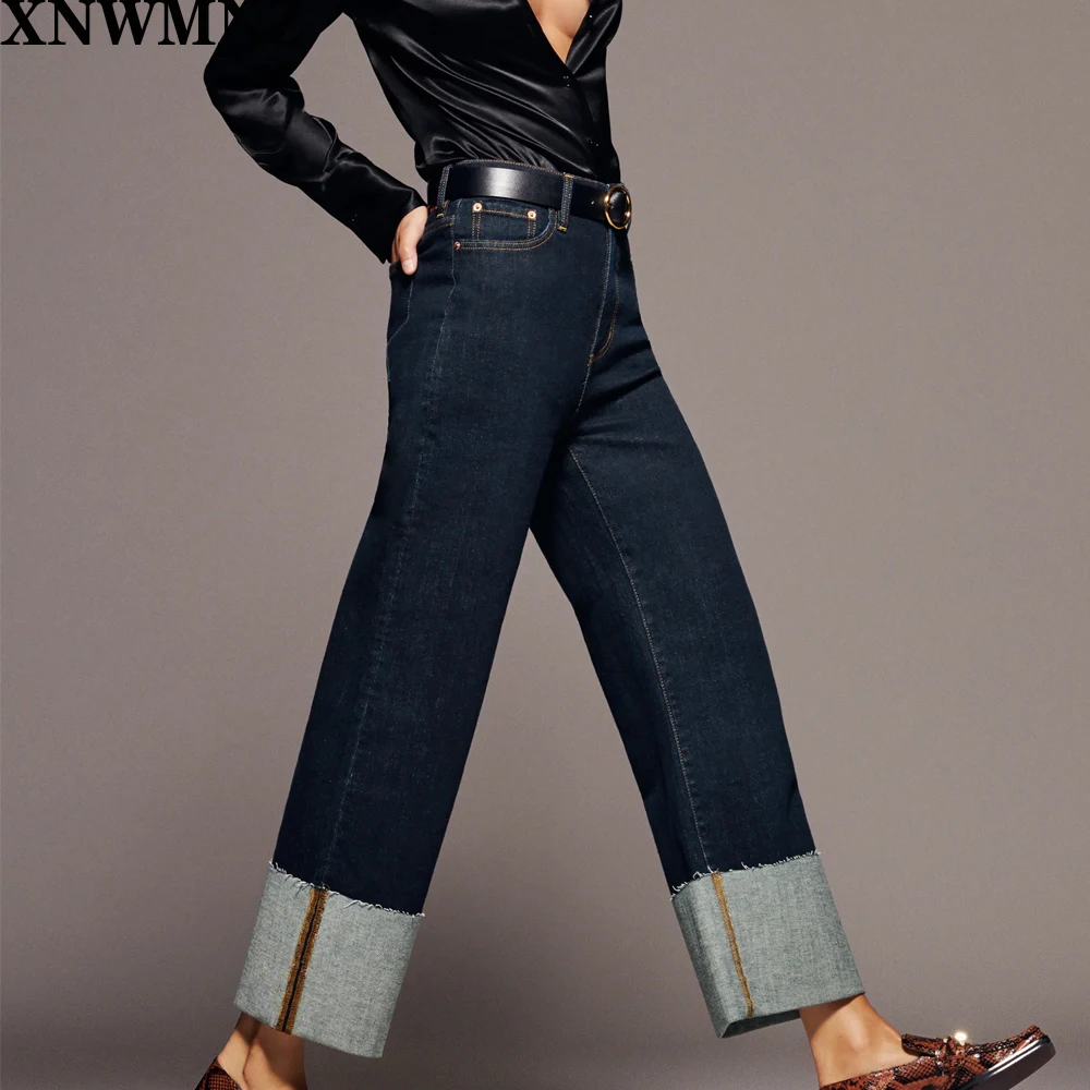 

XNWMNZ Za women Autumn winter Faded high waist jeans pocket wide-leg turn-up hems zip fly fashion casual Denim Pants