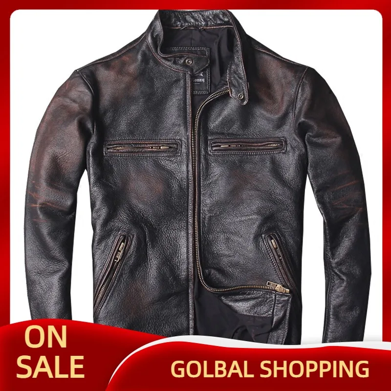 

Мужская Байкерская кожаная куртка, черная приталенная куртка из натуральной воловьей кожи, мотоциклетный стиль, весна 2021, 6XL, размера плюс