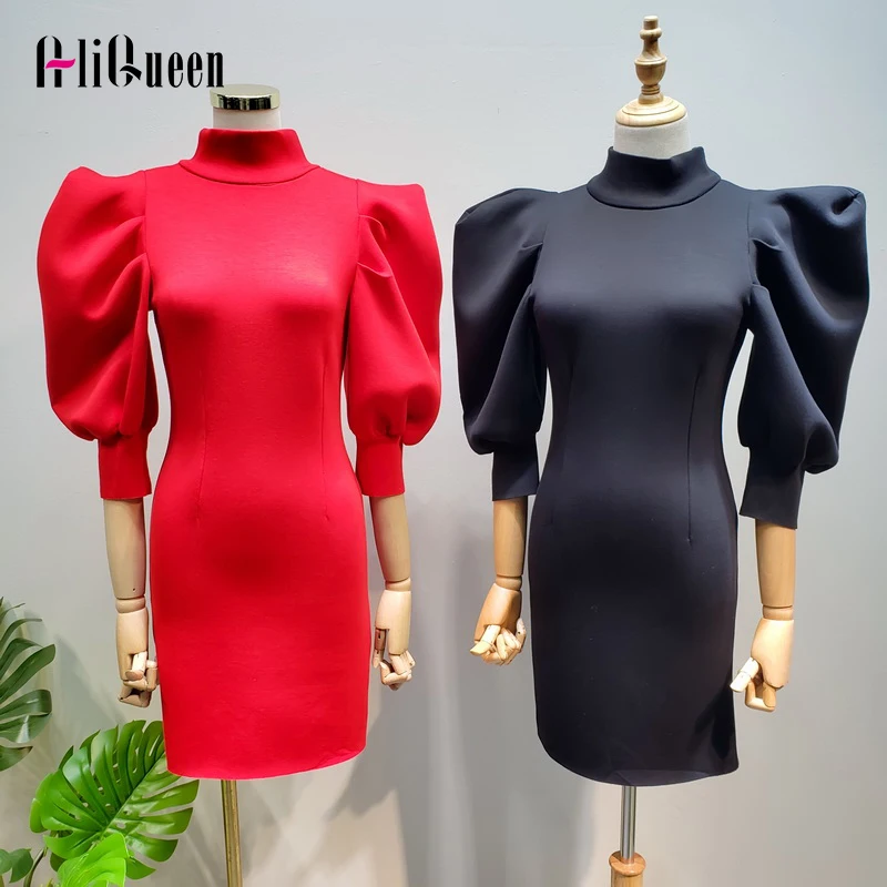 2021 осенние женские Пышное Платье с длинным рукавом и стоячим воротником мини