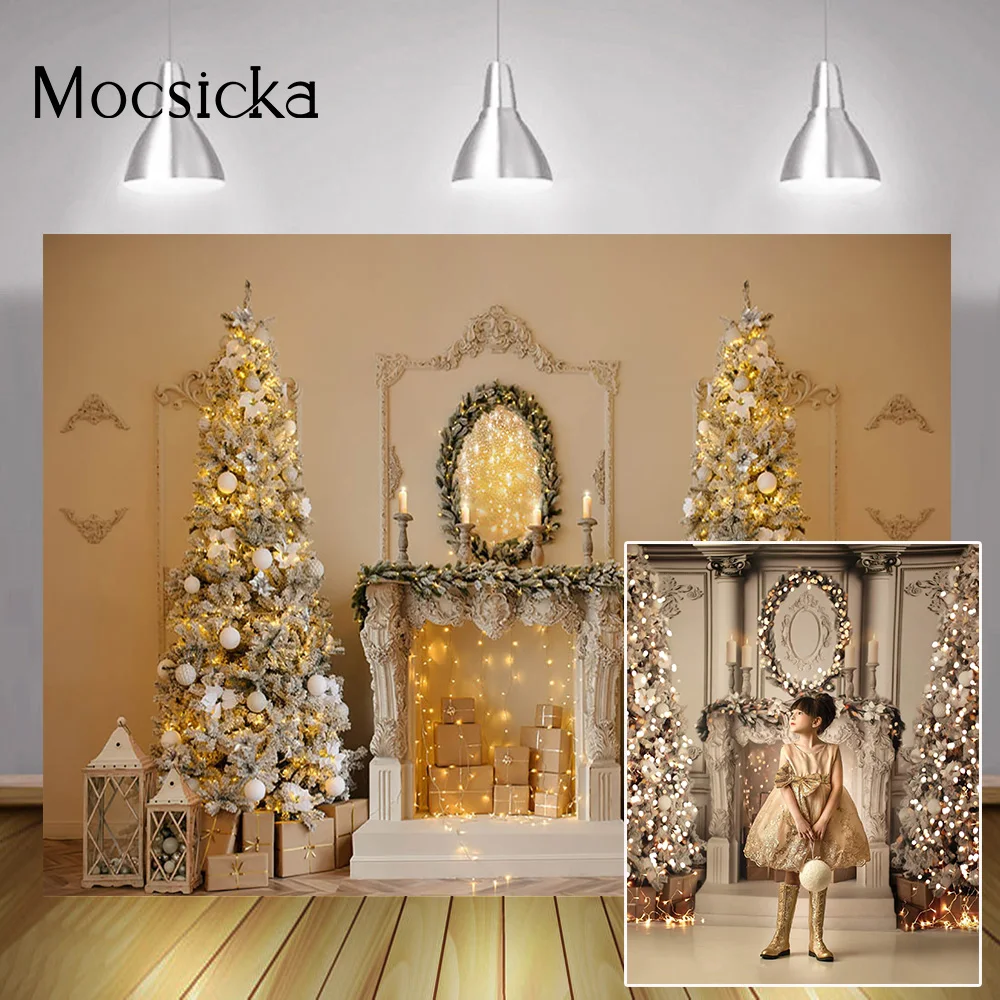 Рождественская гостиная семейный портрет фон камин Подарки елка фотография