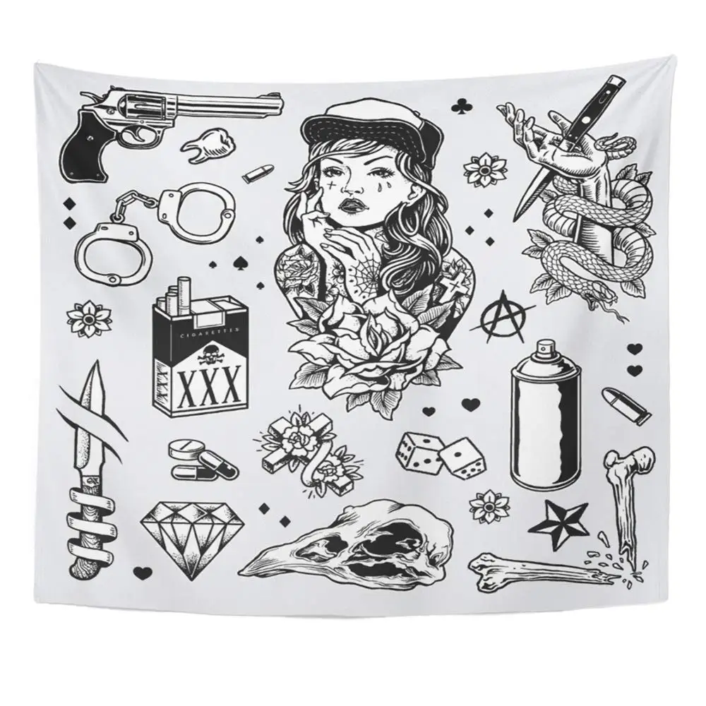 Полиэфирная ткань принт домашний декор череп черный и белый цвета татуировка