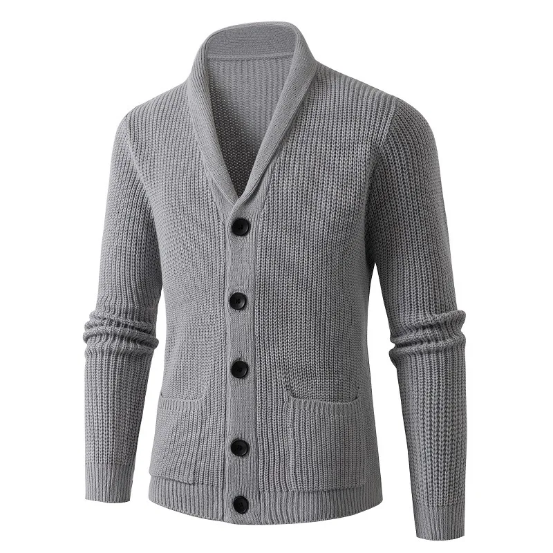 autumn and winter European and American men's thick solid color knit sweater lapel  stretch sweater cardigan jacket